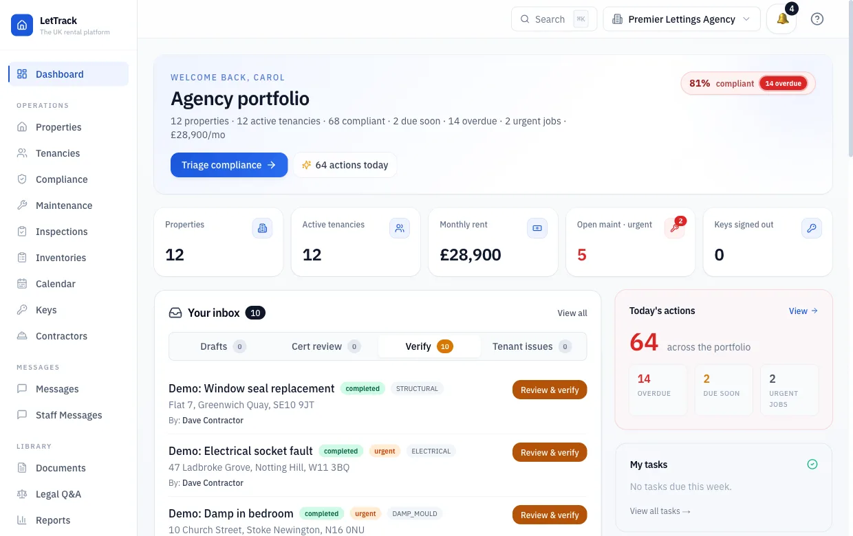 LetTrack agency dashboard